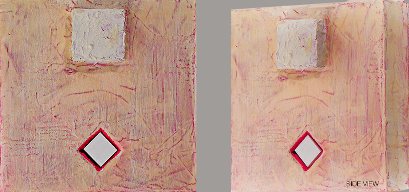 Title: SUBMERSION; Series: Cube Worlds; Size: 12 x 12 x 5.5 inches; Med: Oil, acrylic, chalking, balsa wood, on canvas; Year: 2013